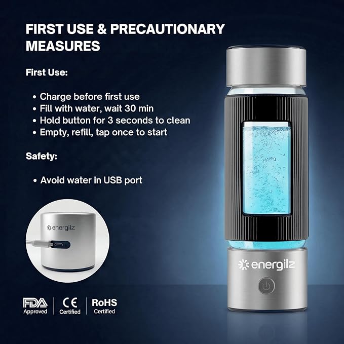 Hydrogen Water Bottle | Large 16.2 oz (480 ml) Hydrogen Water Bottle Generator 3000ppb | Hydrogenator Machine | SPE/PEM Hydrogenated Ionizer Generator (Steel w/Black)
