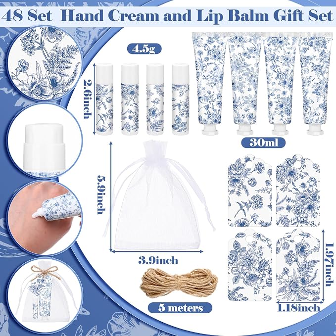 Loopeer 48 Sets Blue Floral Bridal Shower Hand Cream and Lip Balm Gift Bulk Blue Flower Wedding Favors Travel Size Hand Lotion and Lip Balm Wedding Bridal Baby Shower Party Supplies for Guests