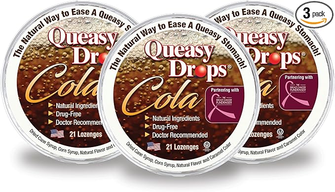 Three Lollies Queasy Drops - Cola Flavor - Relief from Nausea & Travel Sickness, Soothes a Dry Mouth & Settles Stomach - Natural Ingredients - 21 ct (3-Pack)