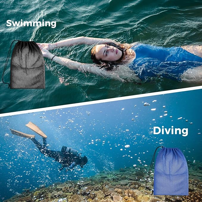 4Pcs Mesh Gear Bag for Snorkel, 19" x 27" Large Mesh Swim Bag, Polyester Dive Bag, Drawstring Snorkel Backpack for Snorkeling Trip, Wetsuits, Swimming Gear, Beach and Sports Equipment (Black & Blue)