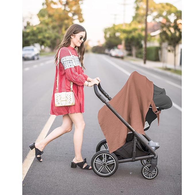 Konssy Muslin Nursing Cover for Baby Breastfeeding, Breathable 100% Cotton Breastfeeding Cover with Rigid Hoop for Mother Nursing Apron, Multi-use Carseat Canopy (Chestnut)