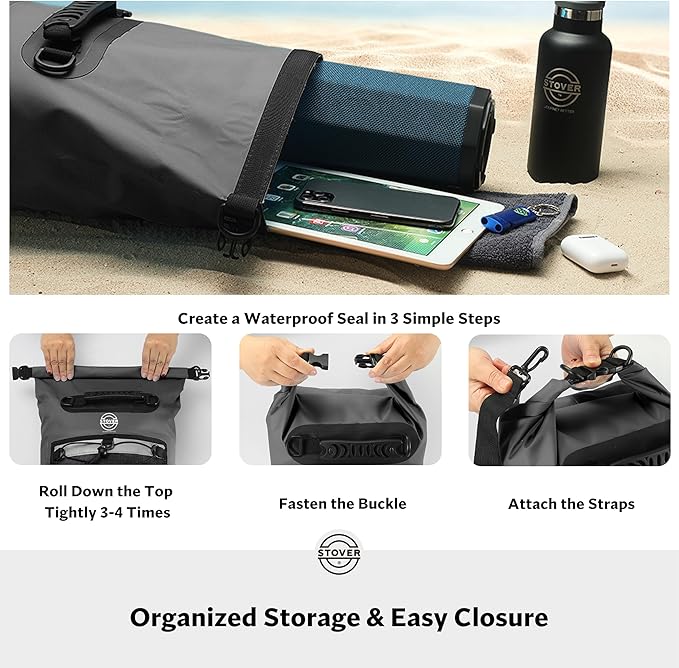 STOVER 5/10/25/30/40/55L Waterproof Dry Bag- Roll-Top Backpack w/Phone Case- Kayaking, Hiking, Camping, Boating- Men/Women