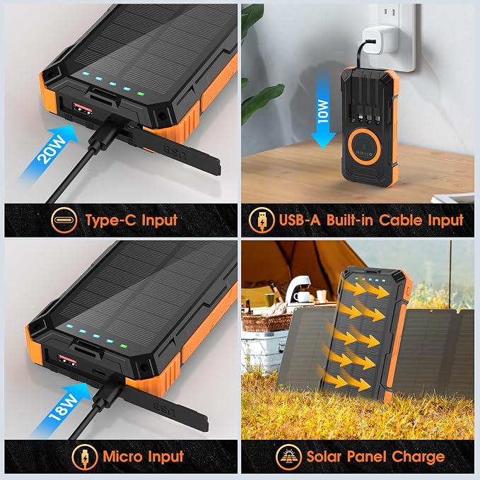 Solar Power Bank,49800mAh Wireless Portable Phone Charger with Built-in 4 Cables,22.5W Fast Charging External Battery Pack PD 3.0 USB-C In/Output for iPhone,iPad,Android,Perfect for Camping, Hiking
