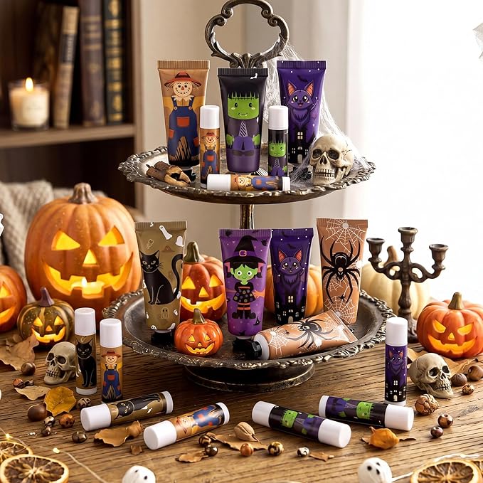 12 Pack Halloween Hand Cream and Lip Balm Gifts Sets for Women Mini Hand Lotion Bulk Travel Size Moisturizing Cream Halloween Party Favors for Boo Basket Stuffers 6 Natural Plant Fragrances