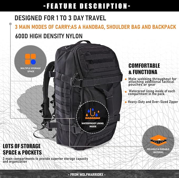 Miramrax Travel Duffle Bag Backpack for Men - Large Tactical Bags Weekender Gym Bag for Overnight Traveling Military Workout Deployment Sports (Black, 25L)