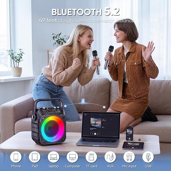 Karaoke Machine, Portable Bluetooth Speaker with 4 Wireless Microphones for Adults & Kids with Lights, Karaoke Microphone with PA System Supports USB/TF/FM/AUX for Home Party Home System Packages