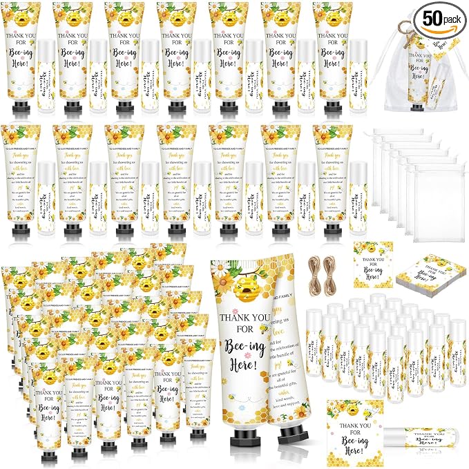 50 Sets 200 Pcs Baby Shower Hand Lotion and Lip Balm Gift Theme Baby Shower Party Favors Travel Size Hand Lotion and Lip Balm Bulk with Organza Bags Tags(50 Pcs,Bee)