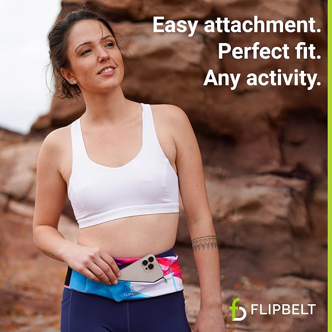 FlipBelt Adjustable Running Belt, Fitness and Running Fanny Pack for Women and Men, Non Chafing Waist Band Pack for Phone Keys Money, Moisture Wicking Storage Belt, USA Company