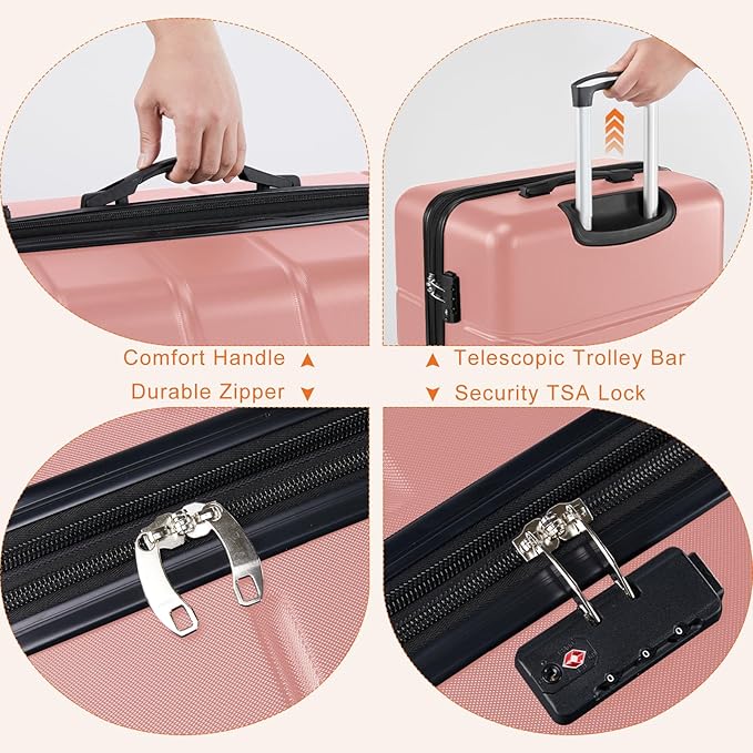 Sweetcrispy Carry on Luggage, Hard Shell ABS Suitcase with Double Spinner Wheels, Lightweight Expandable Rolling Suit Case with TSA Lock, 24 Inch Pale Pink