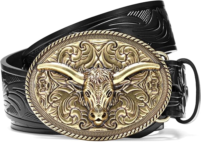 SANSTHS Western Cowboy Belts for Men Women, Mens Western Belt Bull Buckle Country Belt Cowboy Leather Belt for Jeans