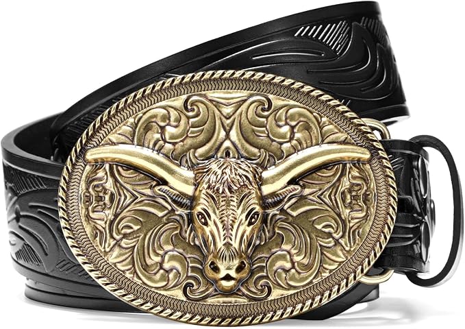 SANSTHS Western Cowboy Belts for Men Women, Mens Western Belt Bull Buckle Country Belt Cowboy Leather Belt for Jeans