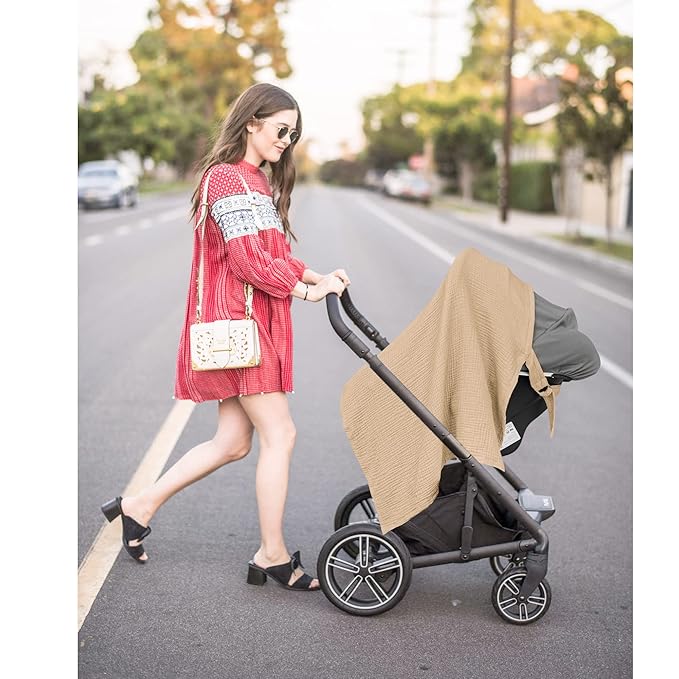 Konssy Muslin Nursing Cover for Baby Breastfeeding, Breathable 100% Cotton Breastfeeding Cover with Rigid Hoop for Mother Nursing Apron, Multi-use Carseat Canopy (Camel)