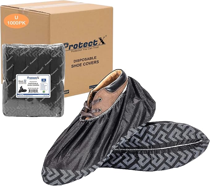 ProtectX Premium Disposable Shoe Covers, Large 1000-pack (500 pairs), Water & Slip Resistant, Durable Non-Woven Polypropylene Fabric for Booties, Fits Up to 10.5 US Men and 12 US Women Size, Black