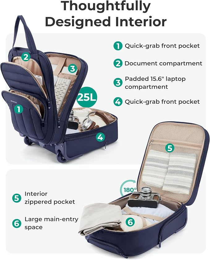 BAGSMART Small Underseat Carry on Luggage with Wheels, 16 inch Small Under Seat Luggage, Lightweight Travel Suitcase for Women, Navy Blue