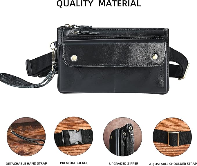 Water Resistant Canvas + Leather Hiking Riding Travel Fanny Waist Pack Small Phone Pouch For Men Women FB811-29 (100% Leather-The 8136 Black)
