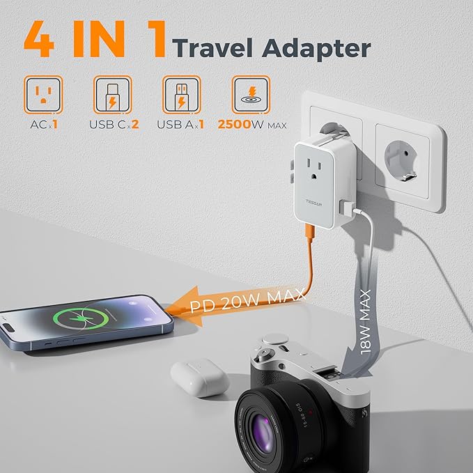 TESSAN Universal Travel Adapter 20W, Ultra Slim International Power Adapter with 2 USB-C 1 USB-A, Travel Plug Adaptor Worldwide for US to European UK Spain Italy England New Zealand (Type C G A I)