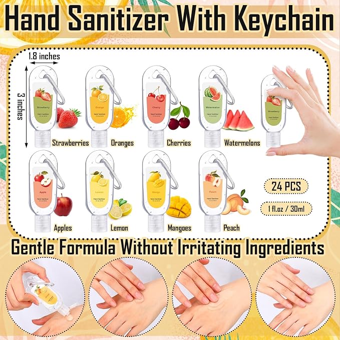 24 Pack Scented Hand Sanitizers Keychain Gift Mini Hand Sanitizer Bulk 1 oz Travel Size Sanitizer Keychain Set Thank You Gift for Teacher Nurse Coworker Graduation Party Favors Treat Goodie Bags