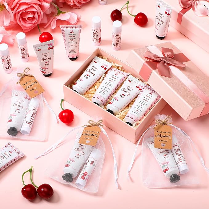 50 Sets 200 Pcs Baby Shower Gifts Bulk Hand Lotion and Lip Balm Party Favors Cherry Theme Travel Size Hand Lotion and Lip Balm with Organza Bags Tags