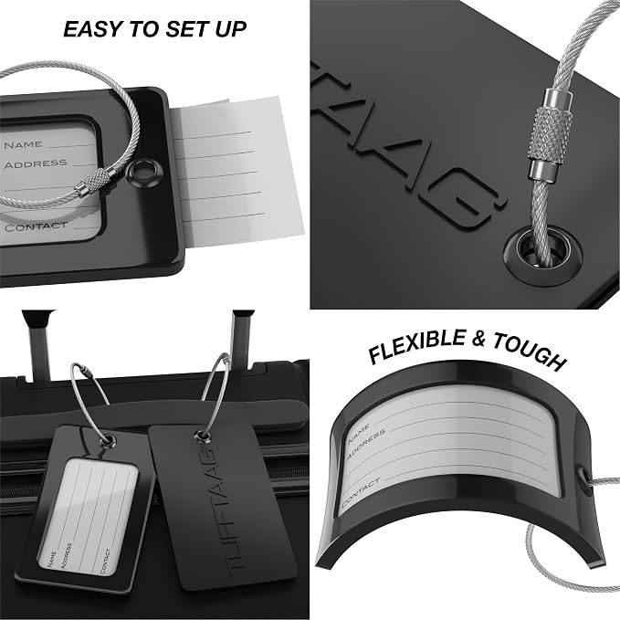 Luggage Tags Business Card Holder by TUFFTAAG - Flexible PVC Travel ID Bag Tag, Black, 6 Pack