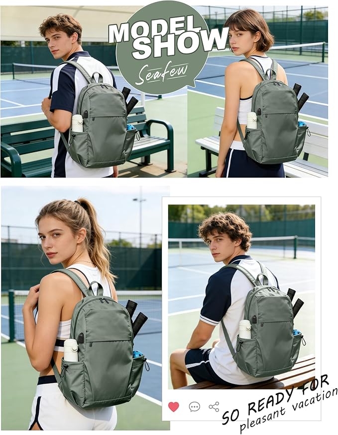 SEAFEW Green Latge Pickleball Sling Bag for Men and Women, Lightweight Pickleball Crossbody Backpack with Skin-Soft Fabric & Water Bottle Holder,