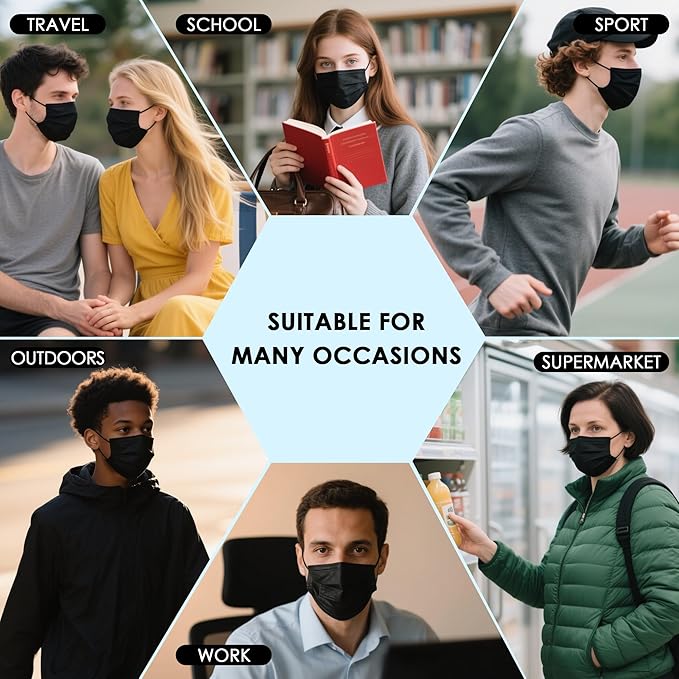 NNPCBT Black Individually Wrapped Masks 50pcs, Disposable Face Masks for Adults, 3 Ply Breathable Face Mask Black Indoor Outdoor