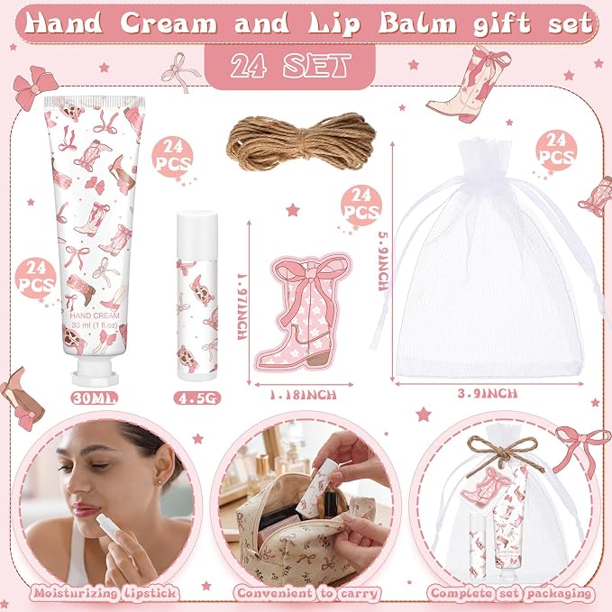 24 Sets Coquette Cowgirl Hand Cream and Lip Balm Cowgirl Party Gifts Bow and Boot Baby Shower Favors for Guest Bow and Boots Travel Size Hand Lotion and Lip Balm Bulk Birthday Party Supplies