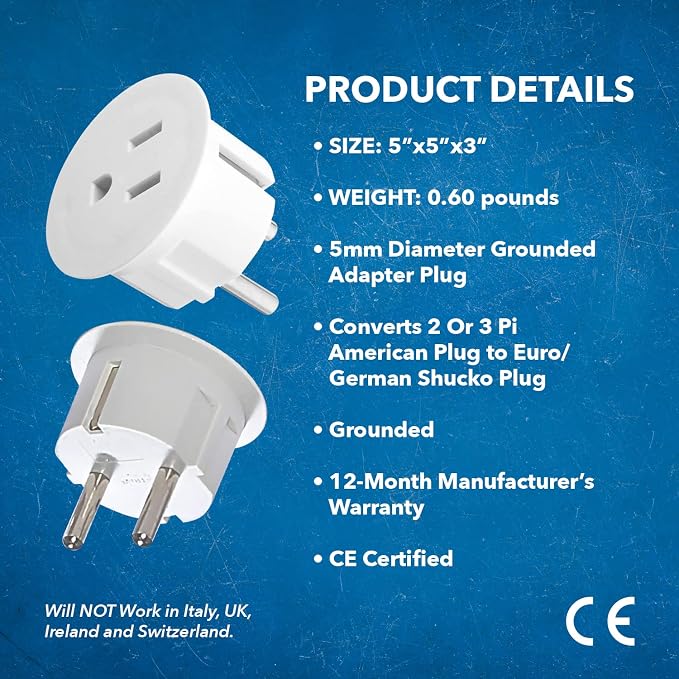 OREI American USA to European Plug Adapter – Type E/F schuko Plug Adapter - Use in Germany, France, & More - CE Certified – for Mobile, Laptop & Camera Chargers - 4 Pack