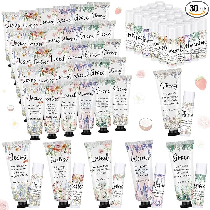 Loopeer 30 Sets Bulk Christian Hand Cream and Lip Balm Set for Women Religious Travel Size Moisturizing Lip Care Mini Religious Gifts for Women Coworker Appreciation Gift