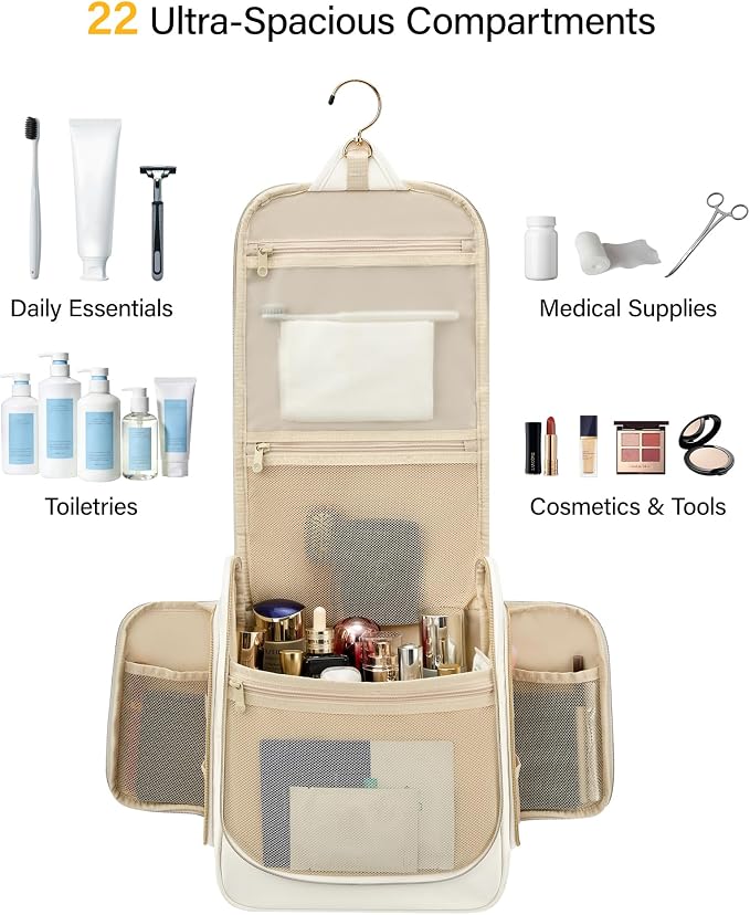 Hanke Hanging Travel Toiletry Bag for Men and Women, Water-Resistant Toiletries Bag Makeup Organizer with Hook, Cosmetic Bag for Bathroom & Travel Essentials Accessories, Off White