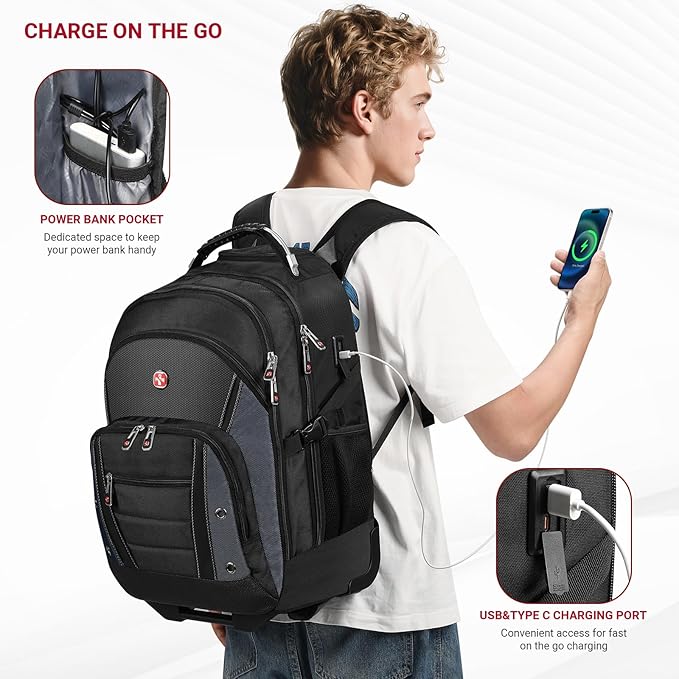 star cloud Rolling Backpack with Wheels, USB & Type-C Charging Port, 21x14x9 Water Resistant Wheeled Backpack, 17.3" Roller Laptop Backpack, Carry On Luggage for Business Travel College Work Bag
