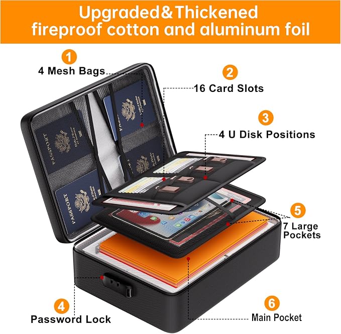 DocSafe 5200°F Document Organizer with Lock, Heat Insulated Fireproof Box | Upgraded 8 Layers File Storage Protection,Water-Resistant,Portable Home Travel Safe for Important Documents and More,Black