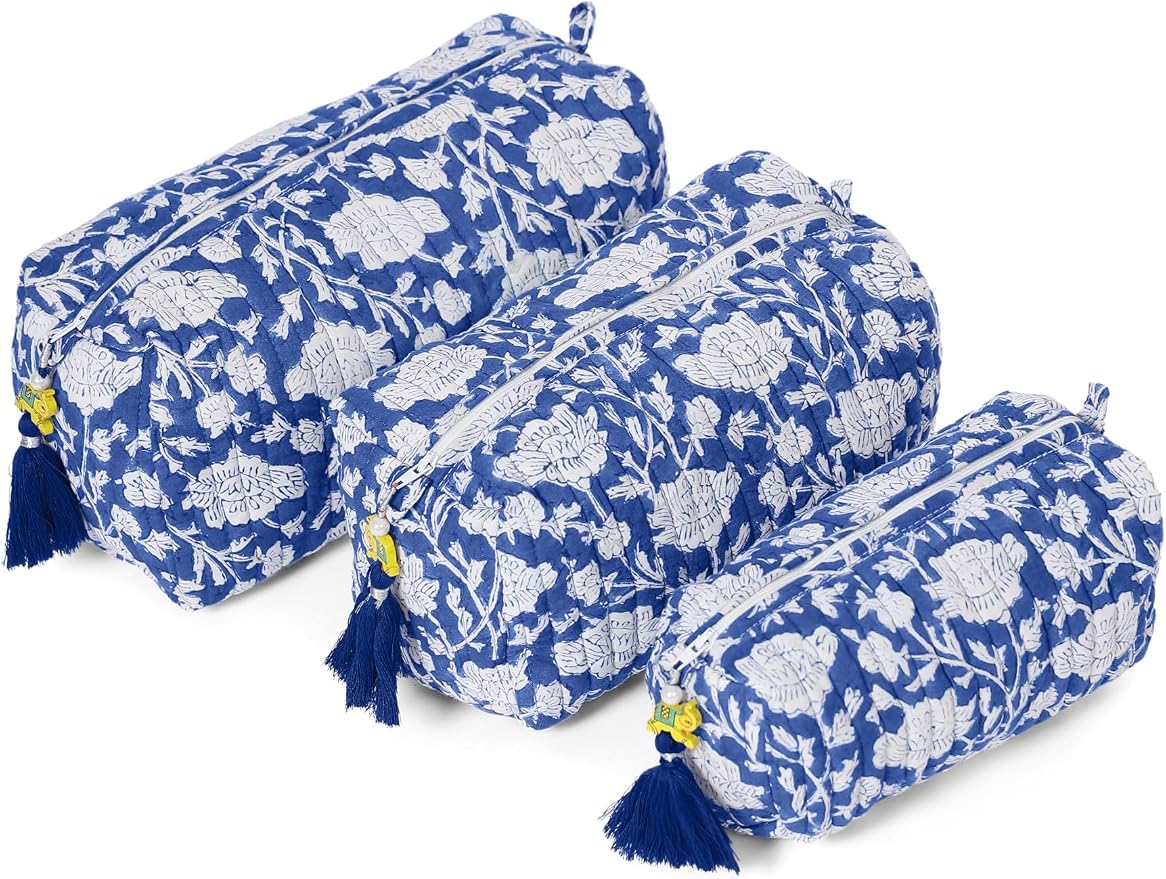 Saffron Marigold Quilted Makeup Bag Set of 3, Hand Block Printed Cotton Cosmetic Bags for Women, Waterproof Lined Travel Toiletry Bag, Coquette Floral Aesthetic, Handmade Gift, Blue Poppy