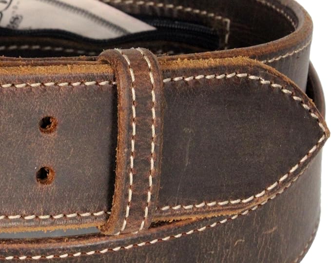 Money Belt, 1-3/4" Double Prong, Zipper Pocket, Travel Security, Full Leather, Made in USA