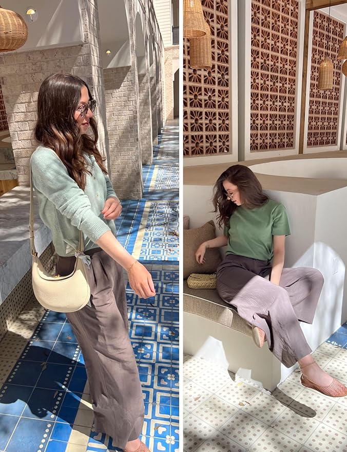 Hooever Womens Cotton Linen Pants Casual Button Up High Waisted Wide Leg Trousers