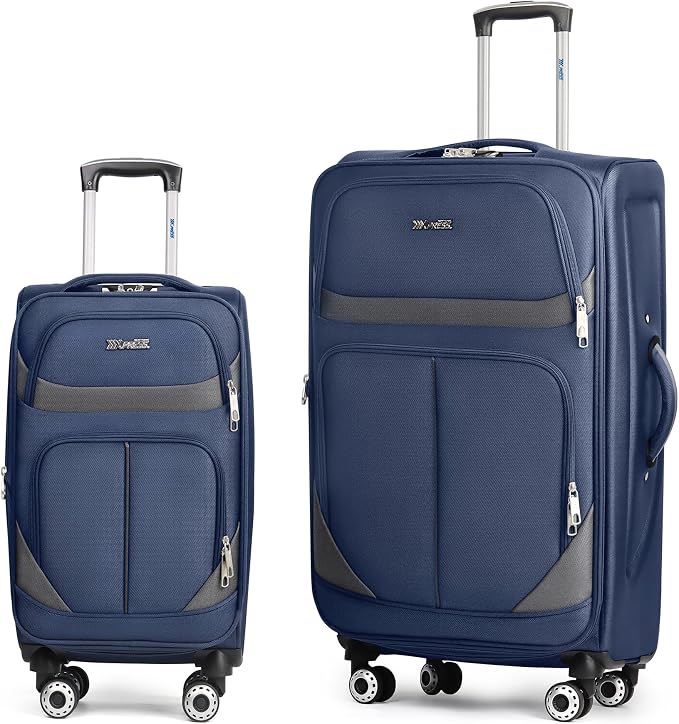 2-Piece Set Front Opening,Softside Luggage Sets w/Double Spinner Wheels Expandable Luggage,Lightweight Travel Luggage Rolling Suitcase w/LOCK（Navy-Grey,20in/28in）