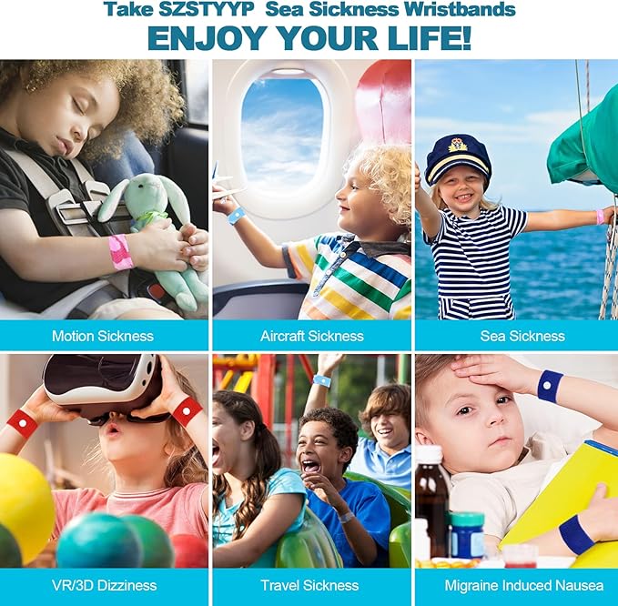Motion Sickness Bands for Kids, Travel Sickness Relief Wristbands, Anti-Nausea Bands for Morning Car Sea Sickness(Blue/Red)