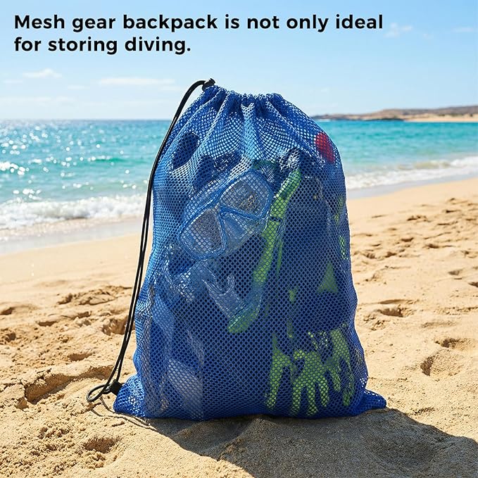 4Pcs Mesh Gear Bag for Snorkel, 19" x 27" Large Mesh Swim Bag, Polyester Dive Bag, Drawstring Snorkel Backpack for Snorkeling Trip, Wetsuits, Swimming Gear, Beach and Sports Equipment (Black & Blue)