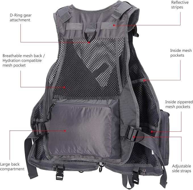 BASSDASH Strap Fishing Vest Adjustable for Men and Women, for Fly Bass Fishing and Outdoor Activities