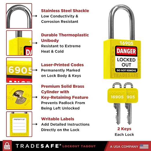 TRADESAFE Lockout Tagout Locks Set - 7 Yellow Loto Locks, Lockout Locks Keyed Different, 2 Keys Per Lock, OSHA Compliant Lock Out Tag Out Padlocks, Safety Padlocks for Electrical Lockout Tag Out Kits