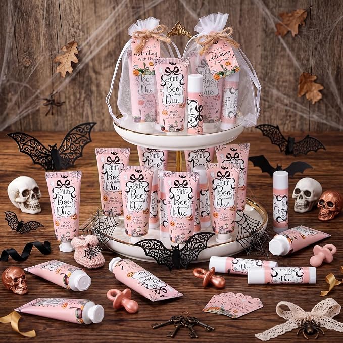 24 Sets Halloween Little Boo Baby Shower Hand Cream and Lip Balm Gift Halloween Coquette Baby Shower Party Favors Travel Size Hand Lotion Lip Balm Bulk Halloweens Newborn Party for Guest Kids