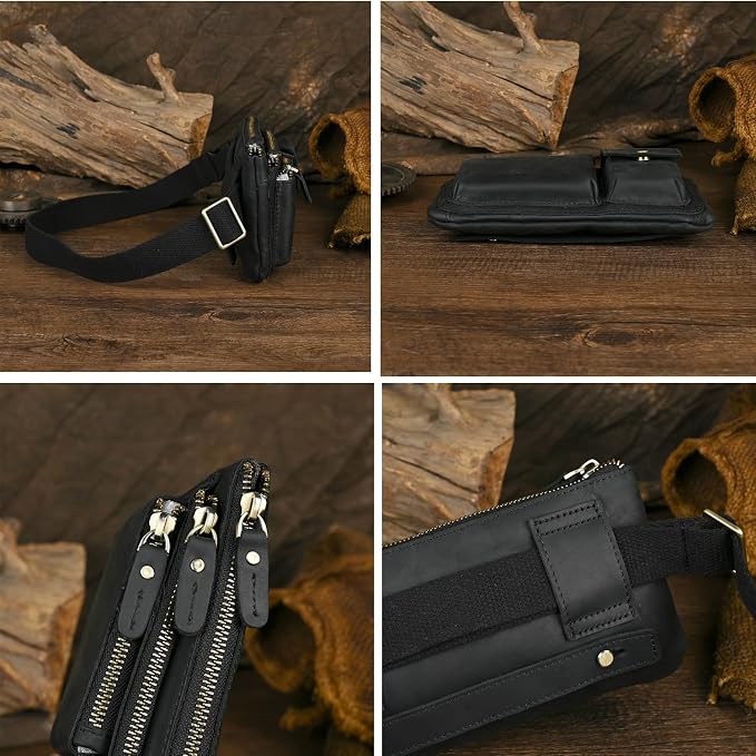 Water Resistant Canvas + Leather Hiking Riding Travel Fanny Waist Pack Small Phone Pouch For Men Women FB811-29 (100% Leather-Thick Black)