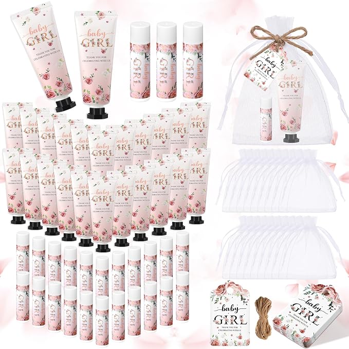 48 Sets/192 Pcs Girls Baby Shower Favors for Guests Pink Floral Hand Cream and Lip Balm Bulk Baby Girl Shower Party Thank You Gifts for Guests Travel Size Gender Reveal Game Winners Prizes