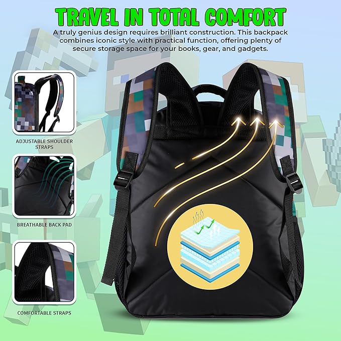 AI ACCESSORY INNOVATIONS Minecraft Backpack for Kids, Pixelated Block Print Design with Adjustable Straps, 16 Inch Rectangular Daypack, 3 Zippered Compartments, Water Repellent Polyester