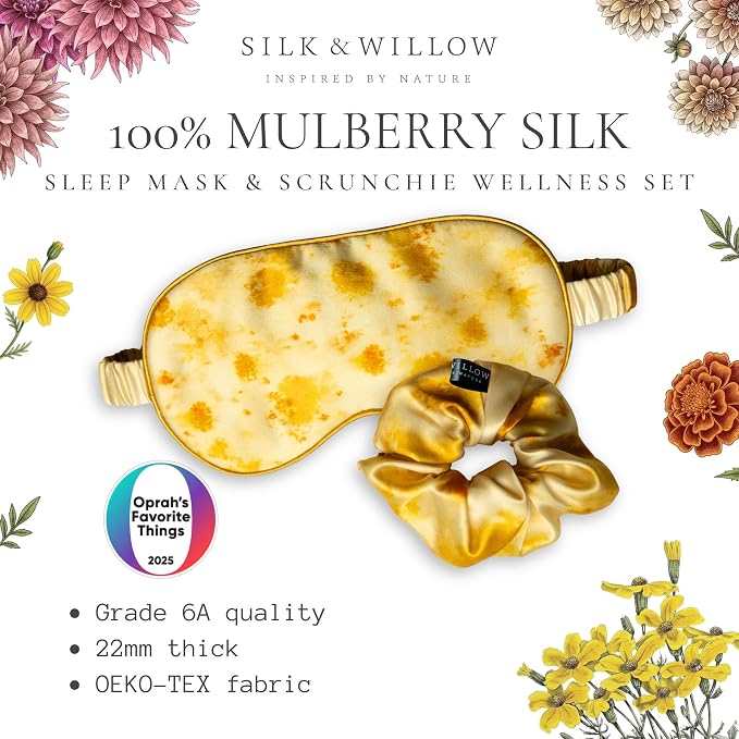 SILK & WILLOW - Botanical Print Pure Mulberry Silk Eye Mask & Scrunchie Gift Set, Luxurious Sleep Eye Mask & Hair Accessory Bundle, Durable Nature-Considerate Wellness Gifts for Women, Marigold Yellow