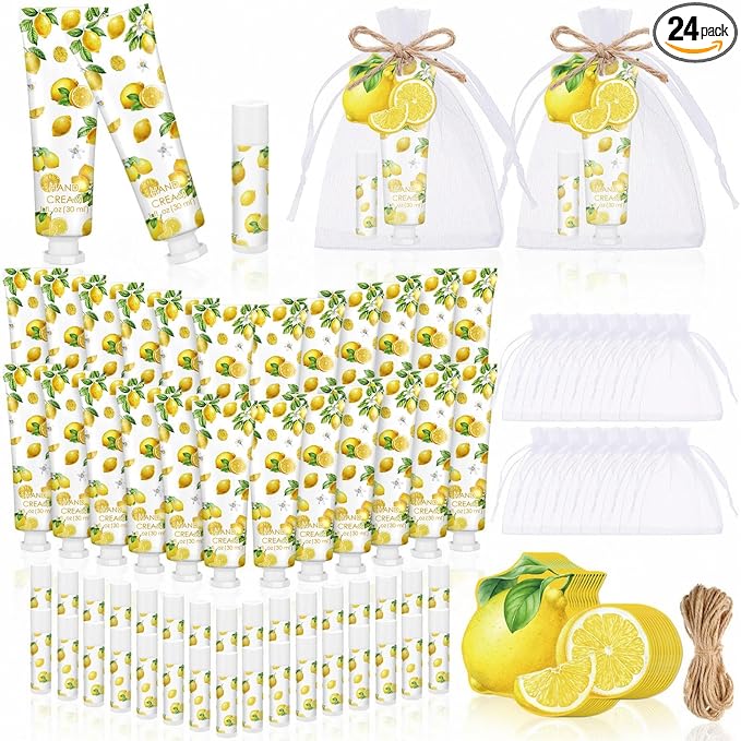24 Sets Lemon Hand Cream and Lip Balm Gift Bridal Baby Shower Party Favors Travel Size Hand Lotion and Lip Balm Bulk with Organza Bags Tags Wedding Bridal Baby Shower Party Supplies for Guests
