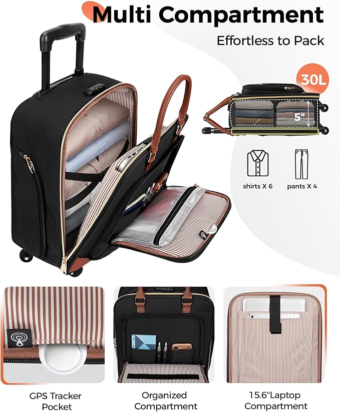MATEIN Underseat Carry On Luggage with Spinner Wheels, 16 Inch Rolling Laptop Bag Women, Wheeled Briefcase 18x14x8 Personal Item Travel Bag, Small Airline Approved Roller Suitcase for Travel Work