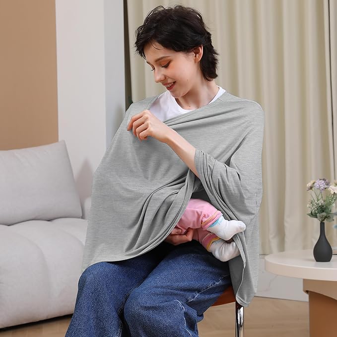 Seejoy Nursing Cover for Breastfeeding, 360°Full Coverage Nursing Poncho, Rayon Soft & Breathable Breastfeeding Cover up (Smooth Rayon, Knit Grey)
