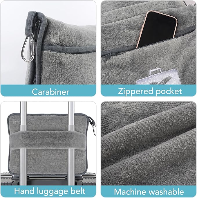 SINLAND Travel Pillow and Blanket 2-in-1 Set,Airplane Packable Bag,Soft and Lightweight Plane Flight Car Trips Travel Essentials Gift,Hand Luggage Sleeve and Backpack Clip,60x52 Inch Grey