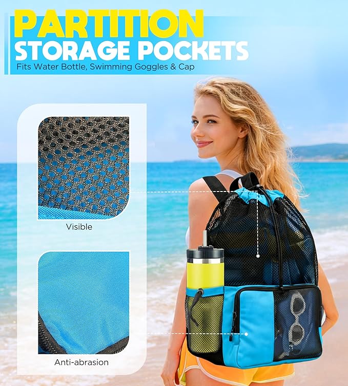 Mesh Swim Bag Drawstring Backpack 20L, Swim bags for Swimmers Equipment & Summer Essentials Mens and Women, Beach Backpack for Swimming Gear, Pool, Gym, and Workout, Dive Snorkel Bags