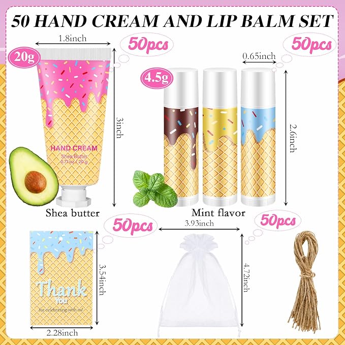 200 Pcs/ 50 Set Ice Cream Drip Baseball Gift Bulk for Team Include Ice Cream Drip 50 Lip Balm 50 Hand Creams 50 Bag 50 Tag for Summer Baseball Softball Party Favors Birthday Stuff